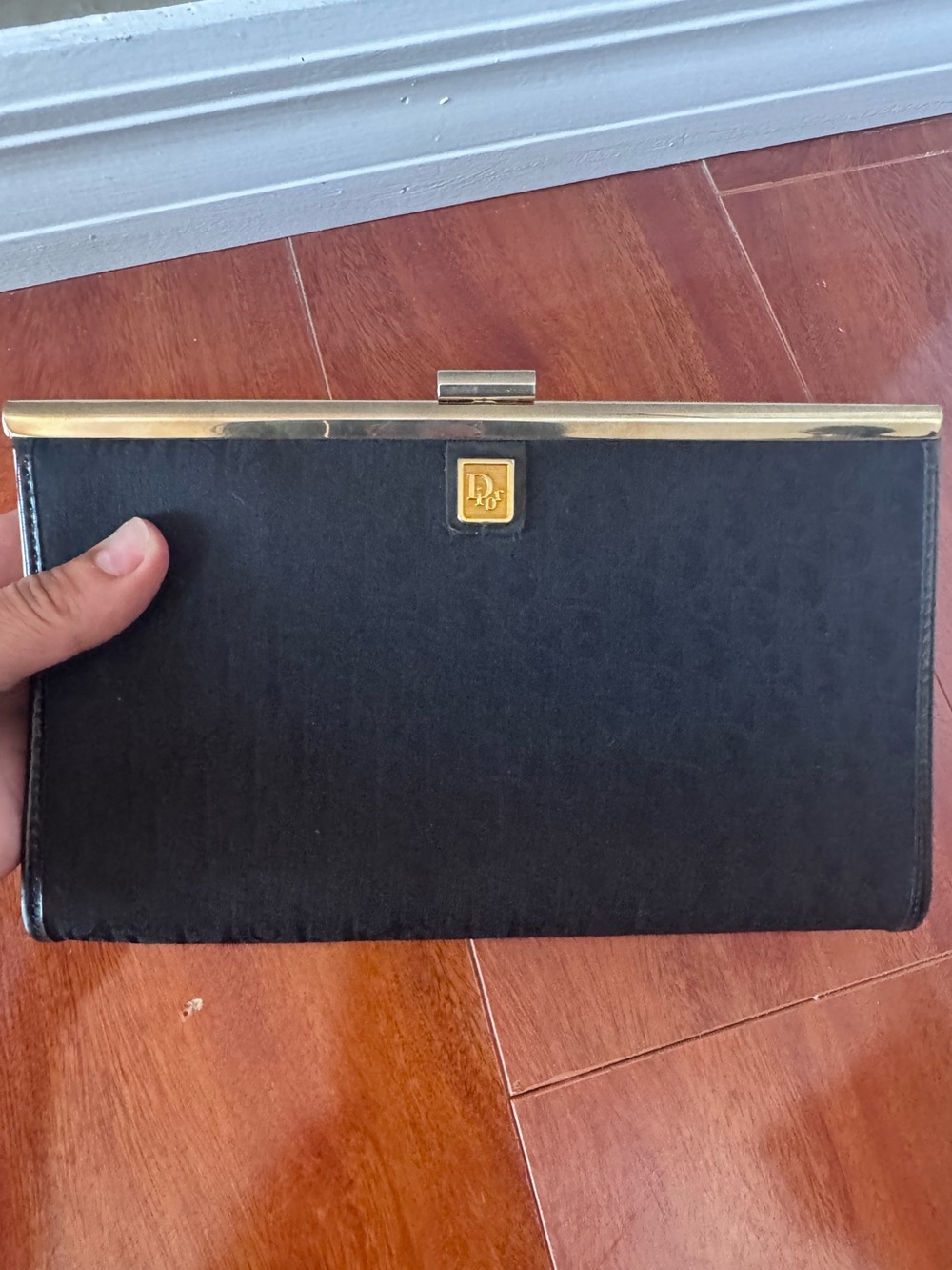 Dior black Monogram Frame Clutch with Gold Hardware 8 1/2 x 5 1/2”